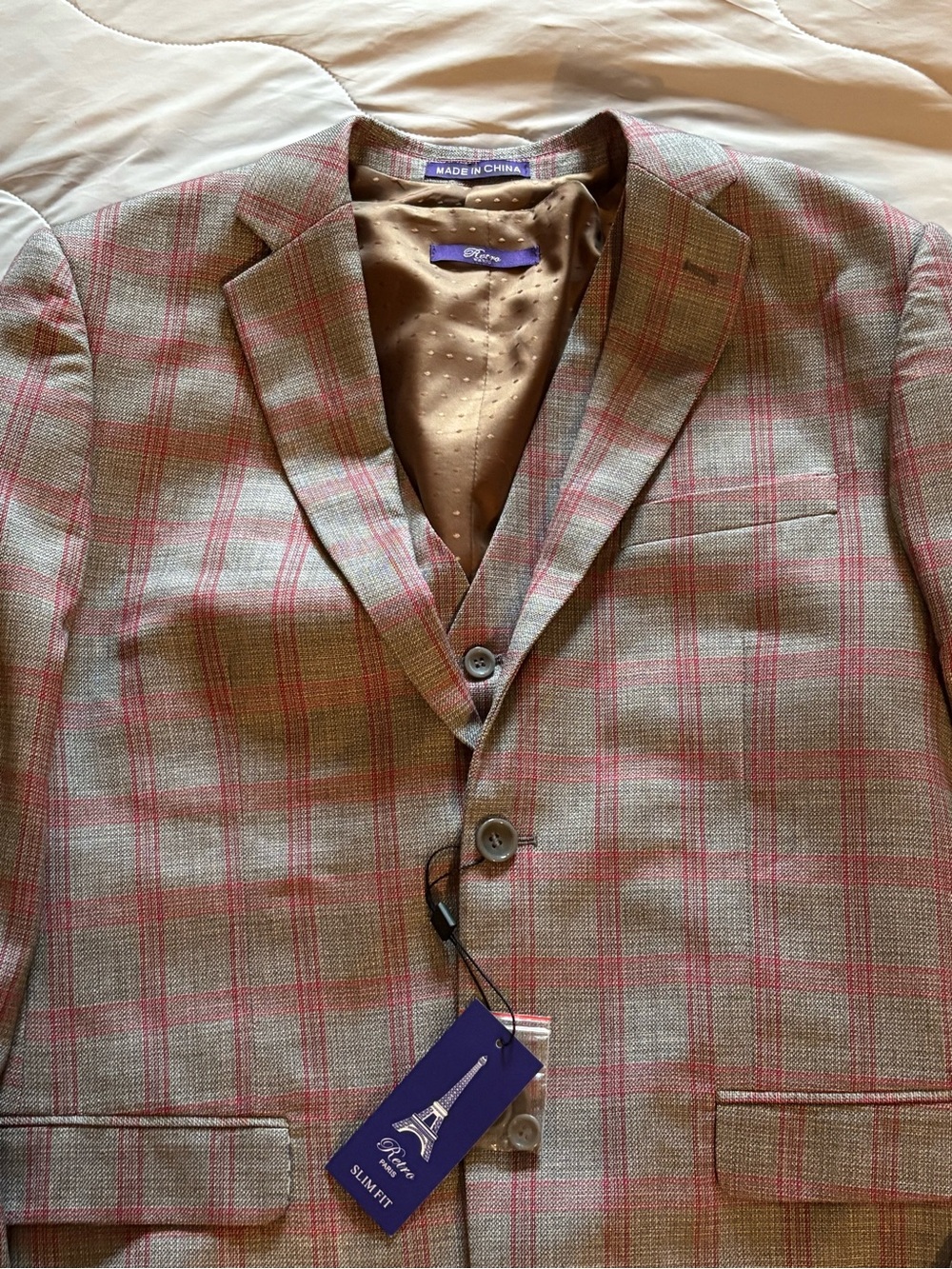 NWT Retro Paris 3 Piece Mens Suit 38R/32 Slim Fit Plaid Floral - Picture 3 of 16